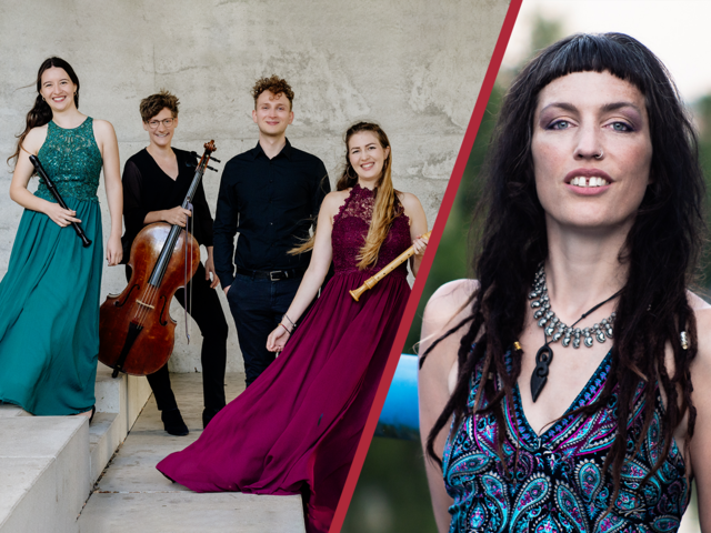 Vier junge Menschen mit Instrumenten und eine junge Frau schauen in die Kamera