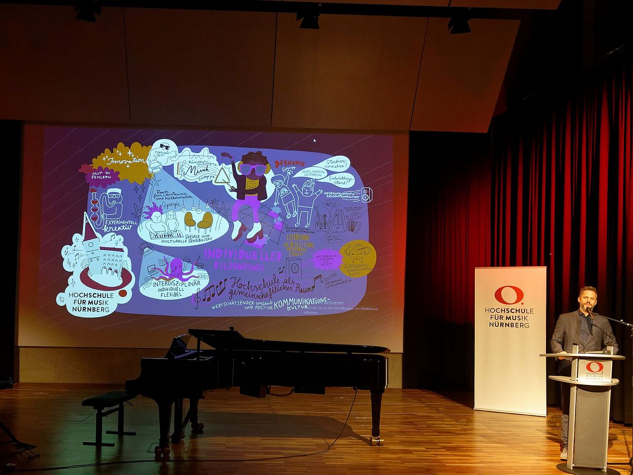 Hochschulpräsident Prof. Rainer Kotzian hielt die Immatrikulationsrede, im Hintergrund ist das Bild zur Präsentation der Zukunftsvisionen der Hochschule zu sehen. 