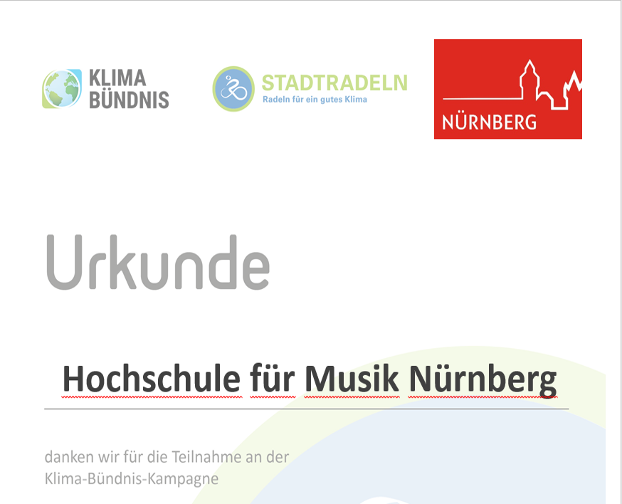 Text; Urkunde Der Hochschule für Musik Nürnberg danken wir für die Teilnahme an der Klima-Bündnis-Kampagne. Oben Logos Klima Bündnis, Stadtradeln und Stadt Nürnberg